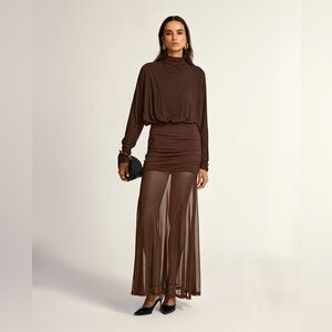 Commense Turtleneck Long Sleeve Drape Ruched Mesh Dress
Color: Dark Brown